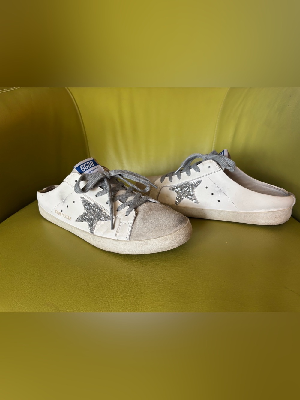 Golden Goose Inspired Super-Star Mule Sneakers White Silver Glitter Star Slip On